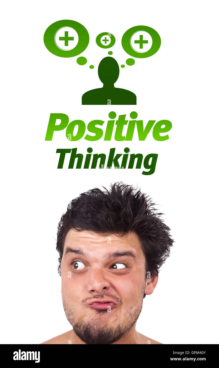 Junge Kopf Blick auf positive und negative Zeichen Stockfoto