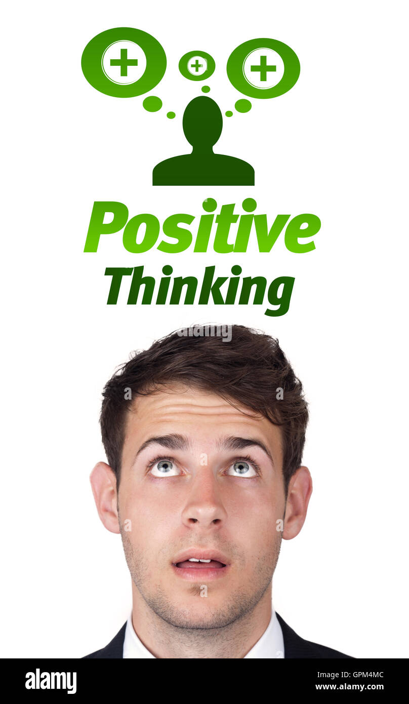 Junge Kopf Blick auf positive und negative Zeichen Stockfoto