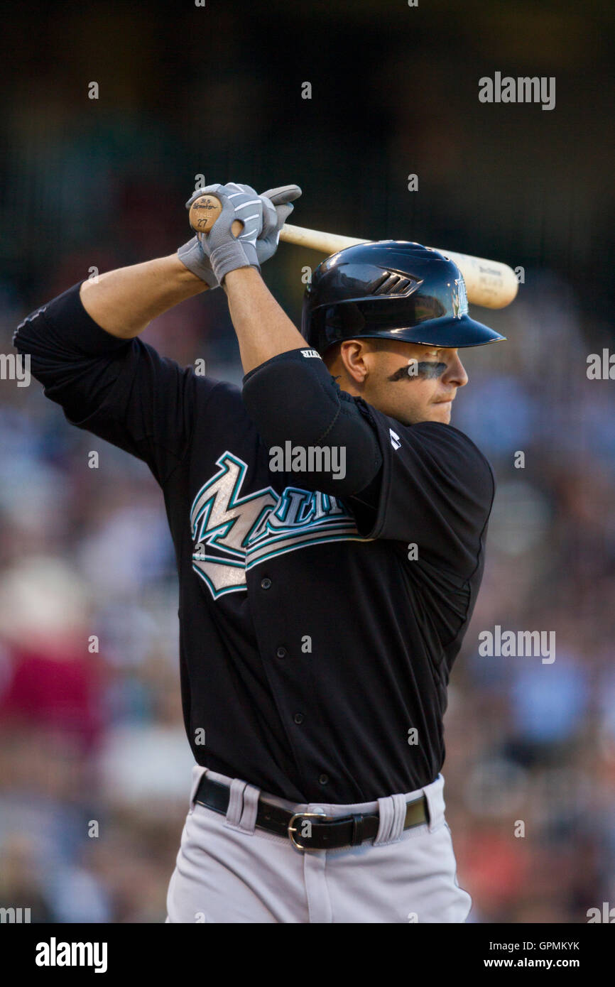 Juli 28, 2010, San Francisco, Ca, USA; Florida Marlins Mittelfeldspieler Cody Ross (12) at bat gegen die San Francisco Giants im sechsten Inning bei AT&T Park. San Francisco besiegt Florida 10-9 in 10 Innings. Stockfoto