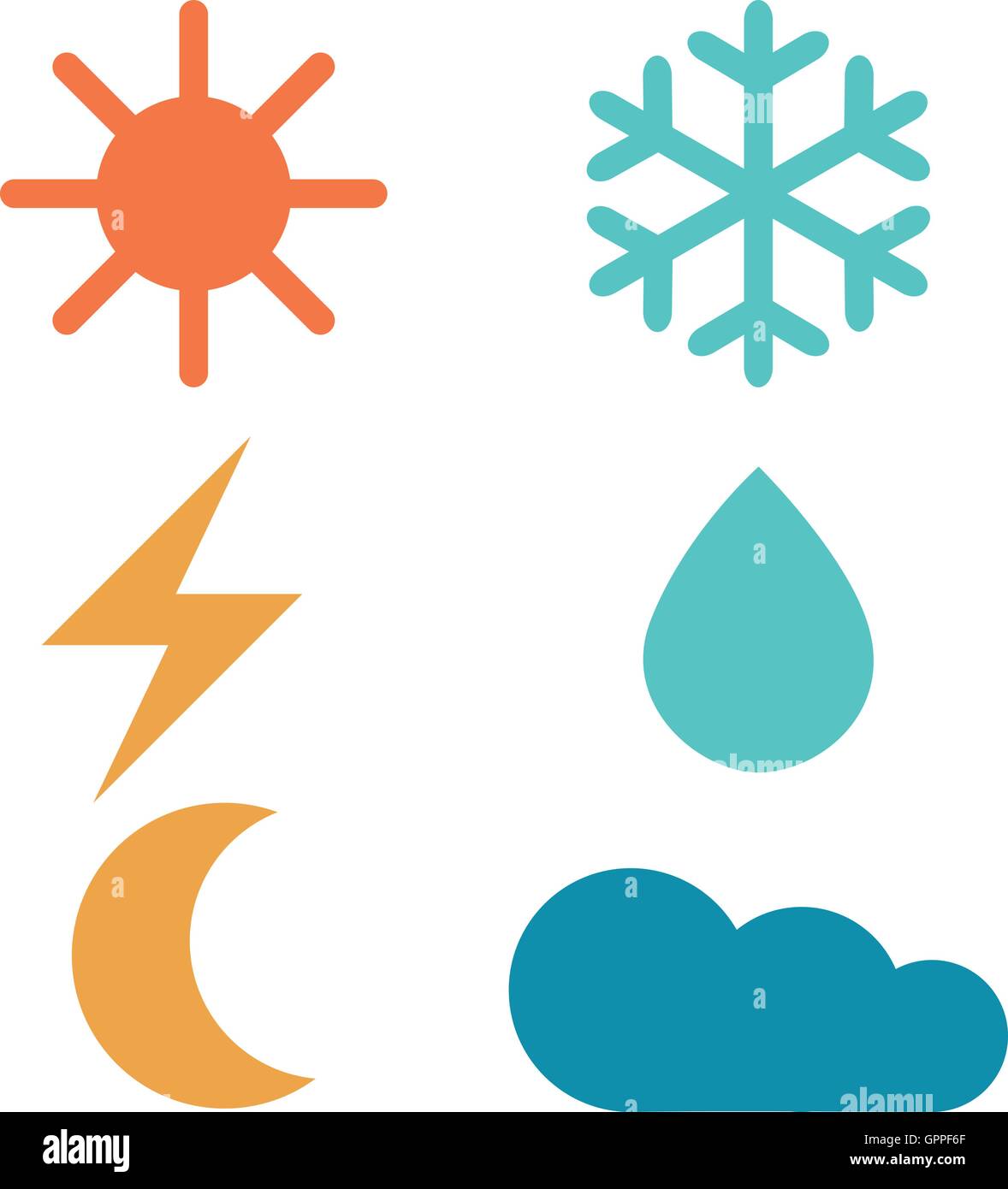Wettervorhersage-Zeichen: Sonne, Mond, Regen, Schnee, Wolke, Blitz Stock Vektor
