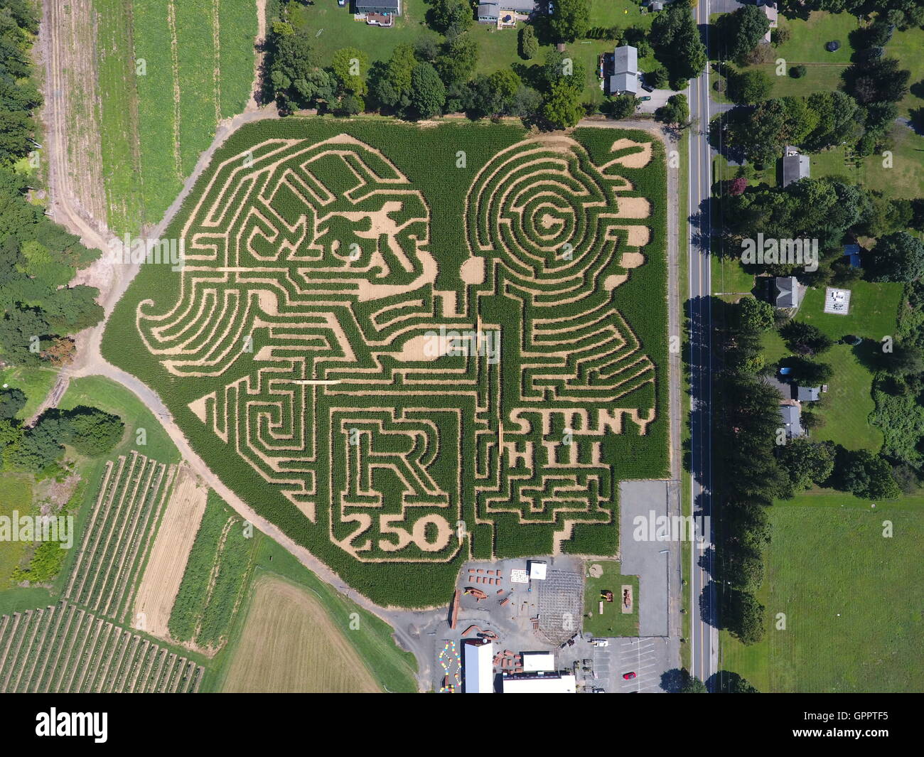 Luftaufnahme des Maislabyrinth in Chester, New Jersey Stockfoto