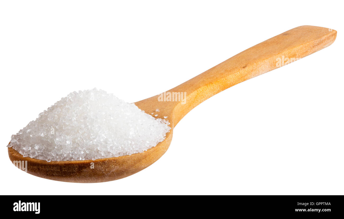 Zucker und Löffel isoliert auf weißem Hintergrund. Das Bild ist ein Ausschnitt, isoliert auf einem weißen Hintergrund mit einem Beschneidungspfad Stockfoto