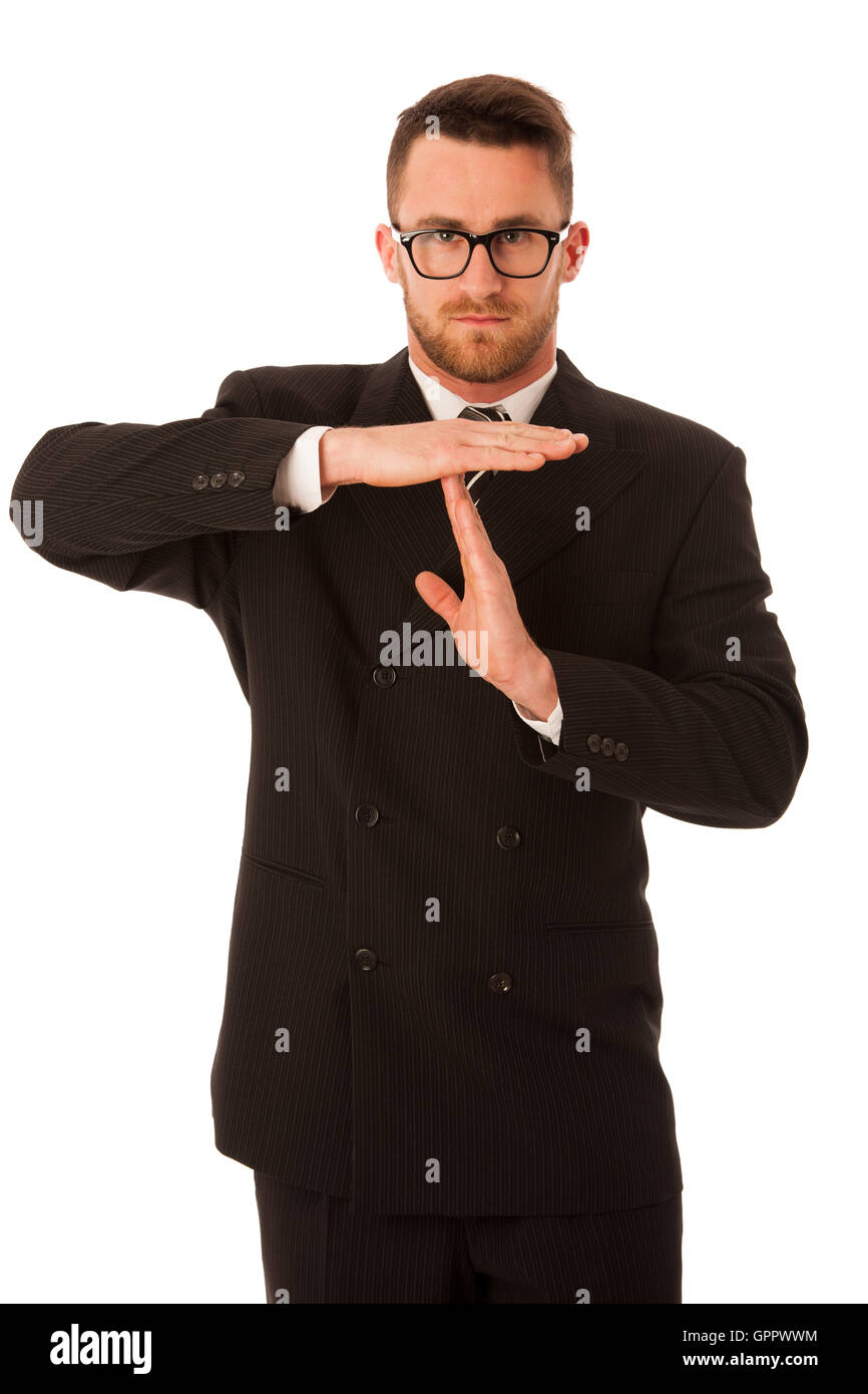 Geschäftsmann in formellen Anzug gestikulieren Auszeit isoliert auf weißem Hintergrund. Stockfoto