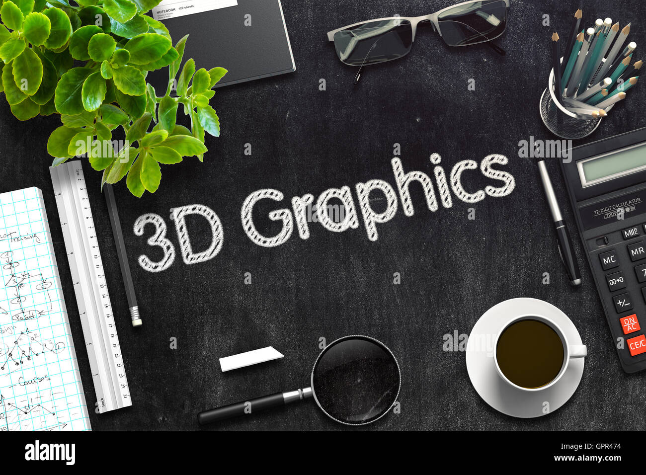 Schwarze Tafel mit 3D-Grafik. 3D-Rendering. Stockfoto