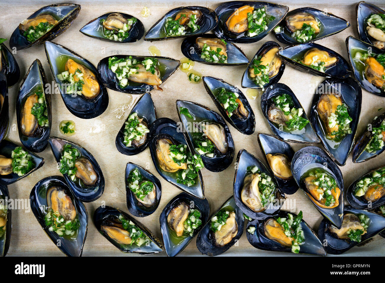 Frische Muscheln mit Knoblauch, Petersilie und Olivenöl hautnah Stockfoto