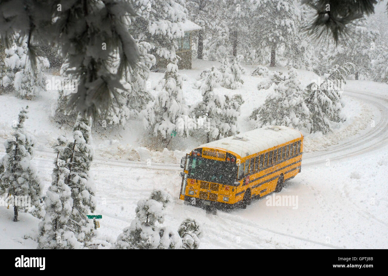 Schulbus im Schnee stecken Stockfoto