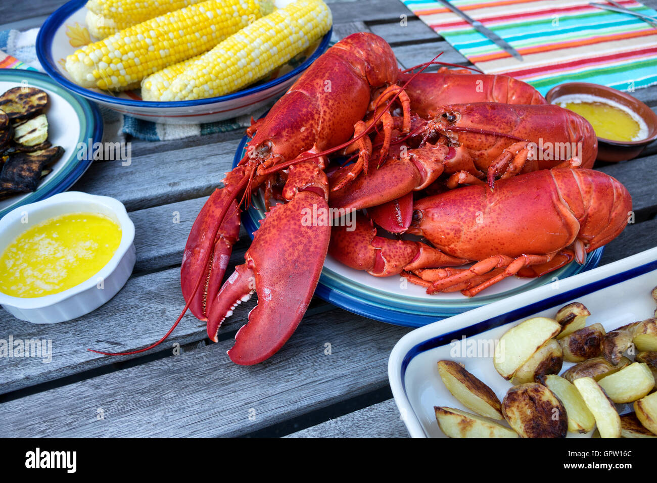 Frisch gedünstet ganze Maine Hummer auf Teller mit Butter-Sauce und Gemüse. Selektiven Fokus auf Vorderteil der Hummer. Stockfoto