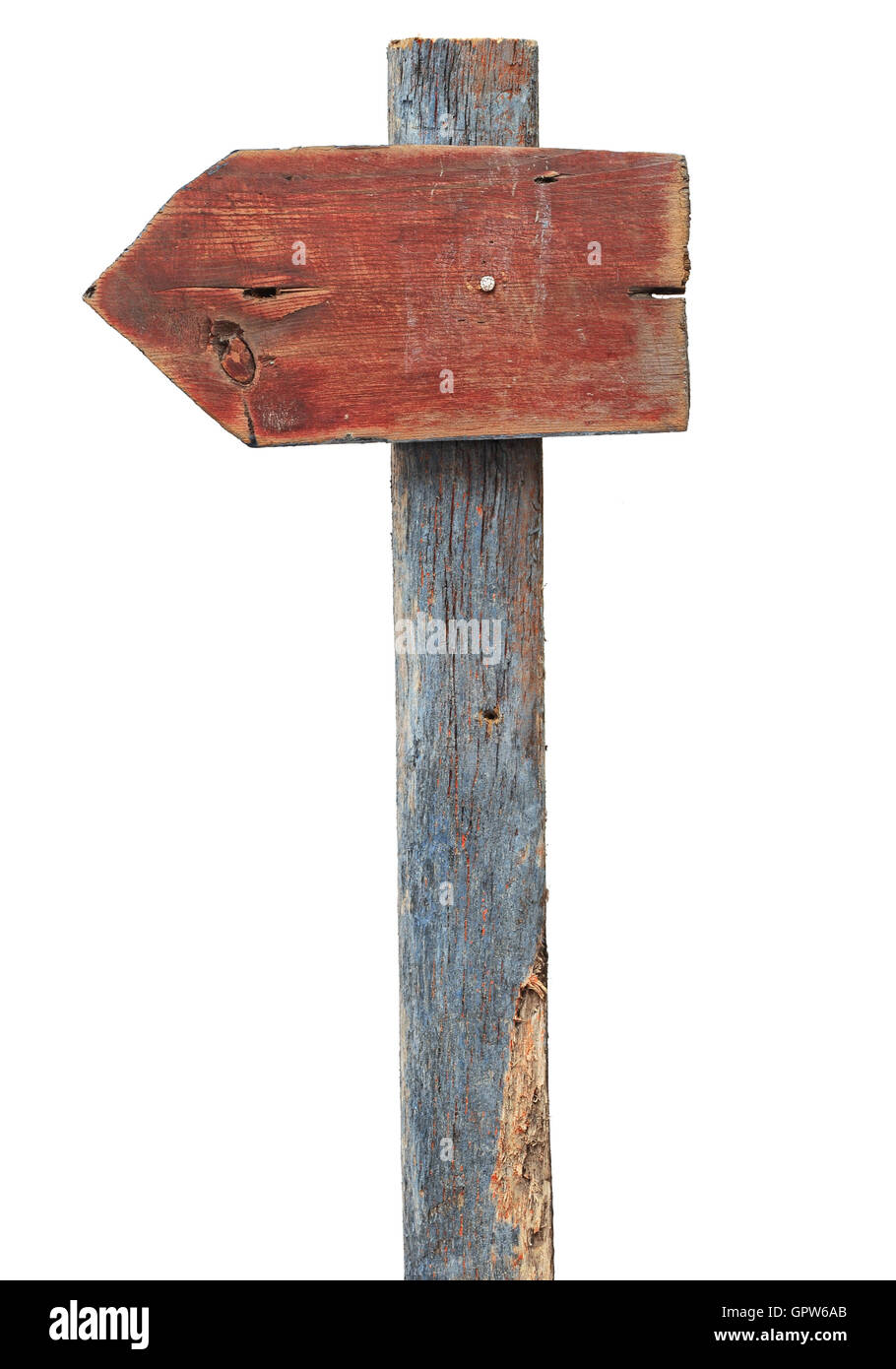 Pfeil-Schild aus Holz isoliert, mit Beschneidungspfad gefertigt. Stockfoto