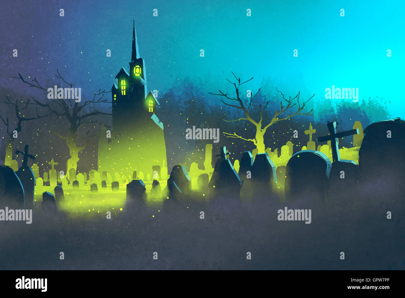 gruselige Schloss, Halloween-Konzept, Friedhof in der Nacht, Illustration, Malerei Stockfoto