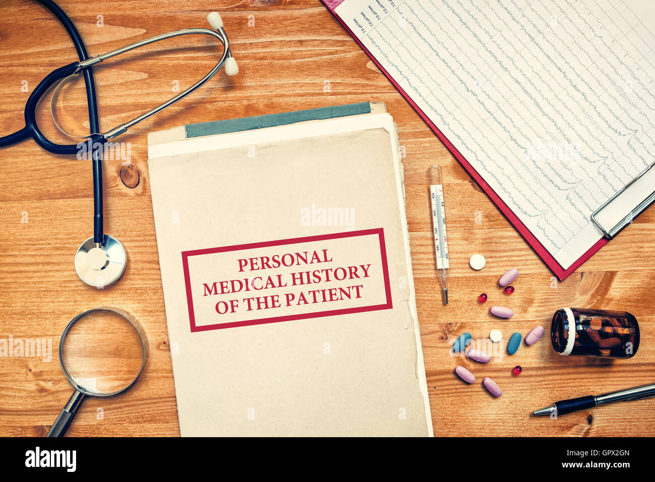 Persönliche Krankengeschichte des Patienten, medizinischen Konzepts mit ärztlicher Arbeit Raum Draufsicht Stockfoto