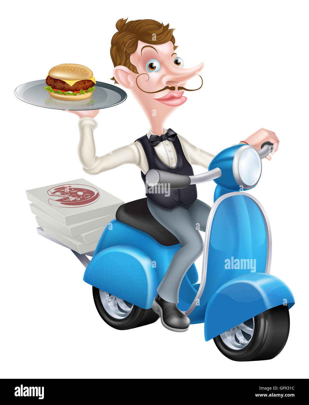 Zur Veranschaulichung der Cartoon Kellner auf Roller Moped liefern Burger Stockfoto
