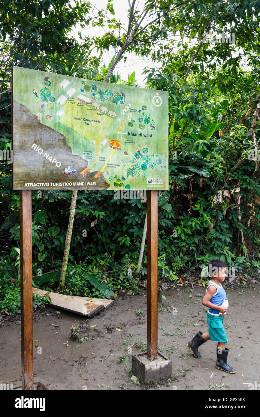 Karte der Lage der Pilchi-Community auf dem Napo Fluss (ein Nebenfluss des Amazonas), Ecuador, Südamerika Stockfoto