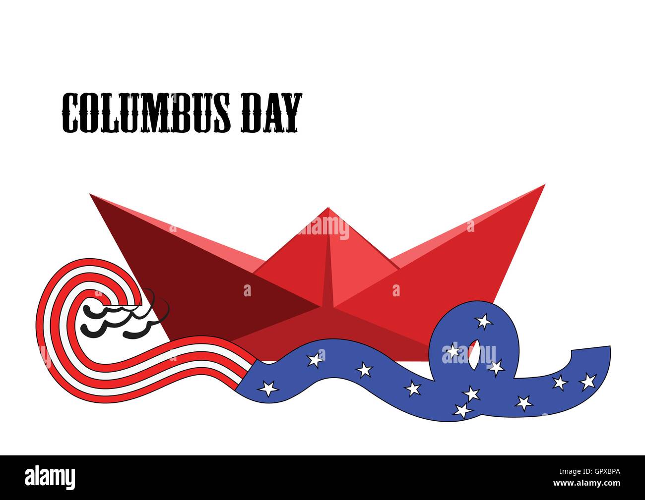 Columbus Day. Papier-Schiff und Band mit amerikanische Flagge Stock Vektor