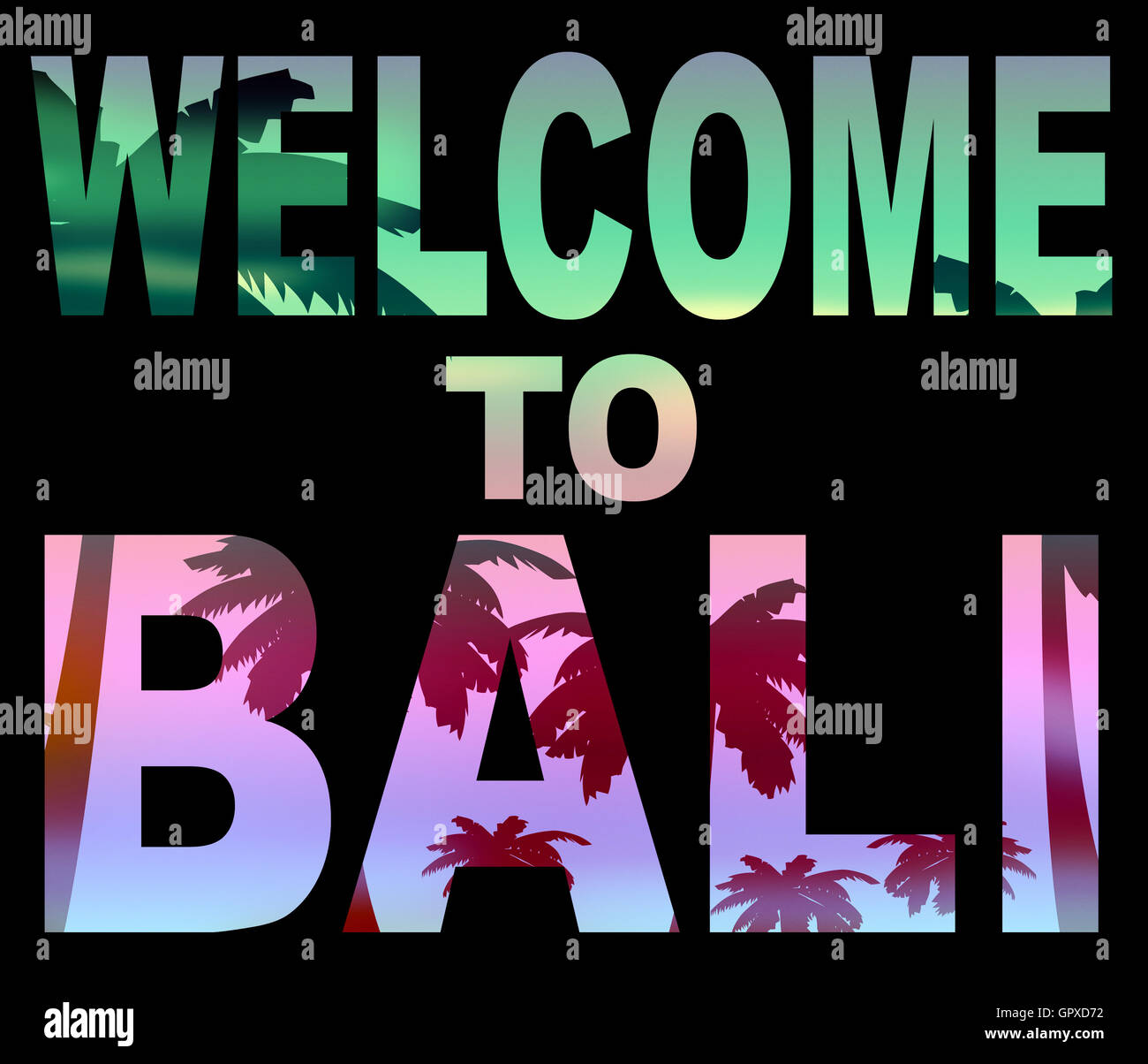 Willkommen auf Bali zeigt Urlaubsgrüße und Einladung Stockfoto