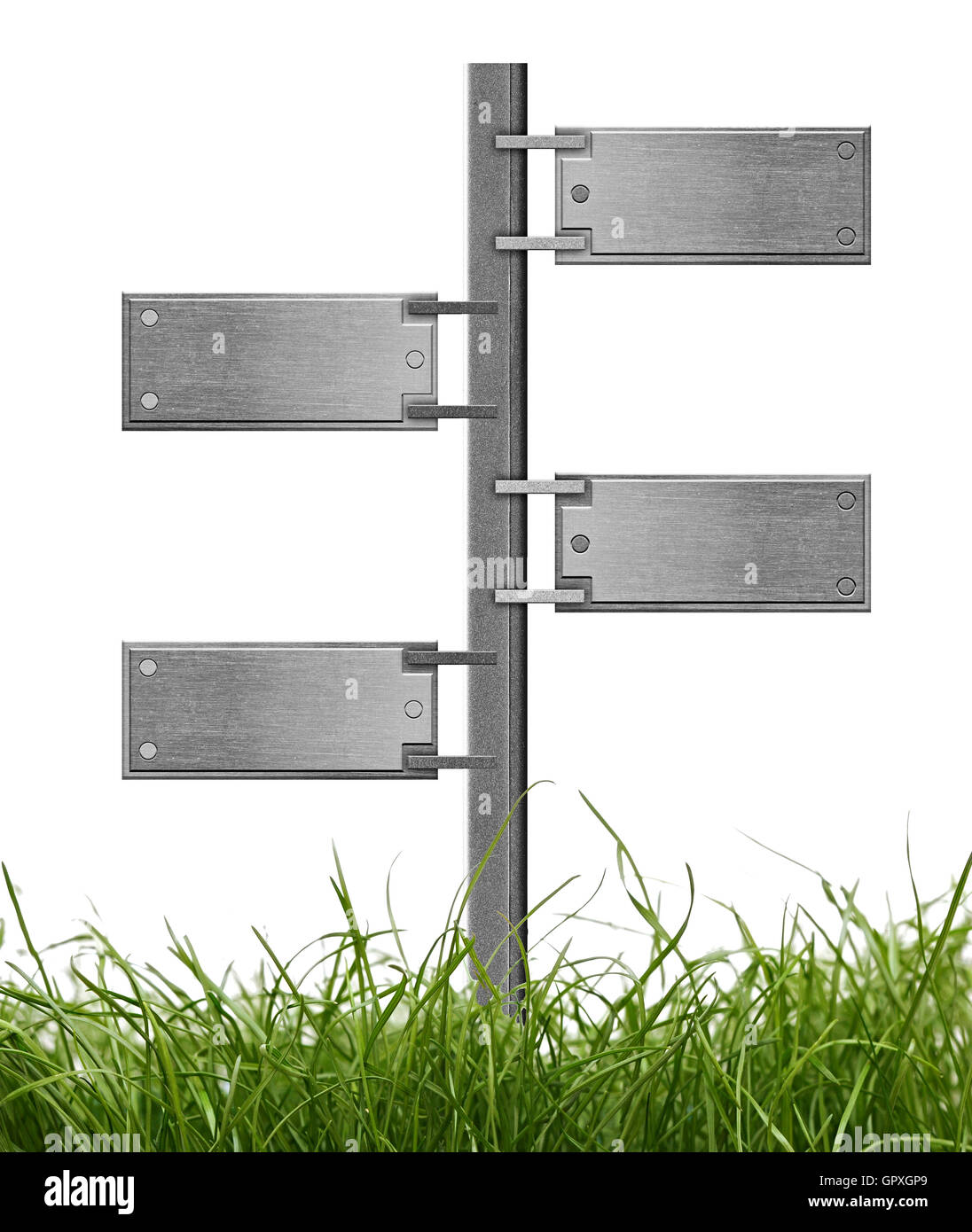 Leere Metall Schild mit grünen Rasen auf weißem Hintergrund Stockfoto