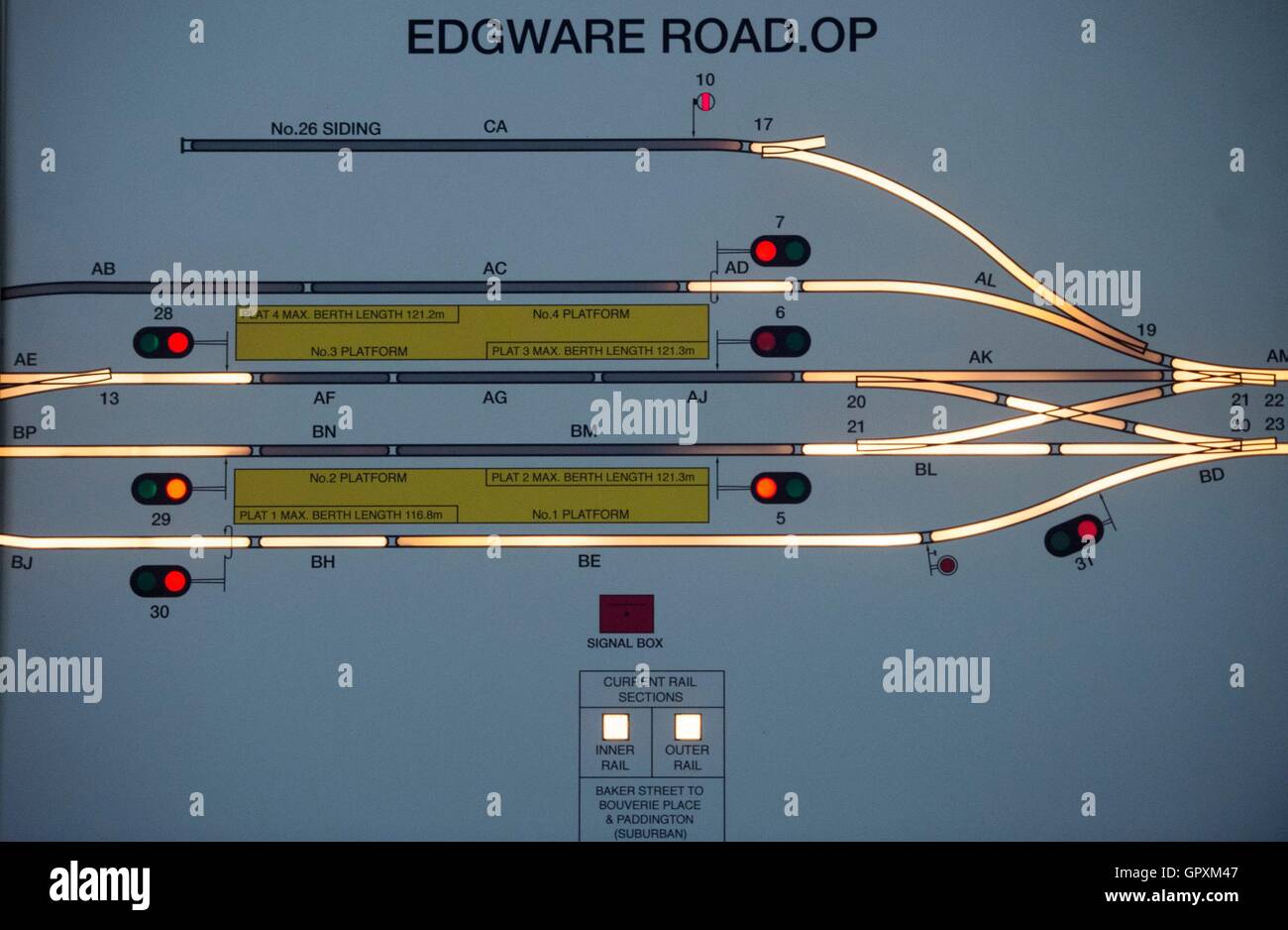 Eine Live-Zugkarte der Edgware Road Station innerhalb der Circle und Hammersmith & City Line Signalkabine an der Edgware Road Undegund Station in London. Stockfoto