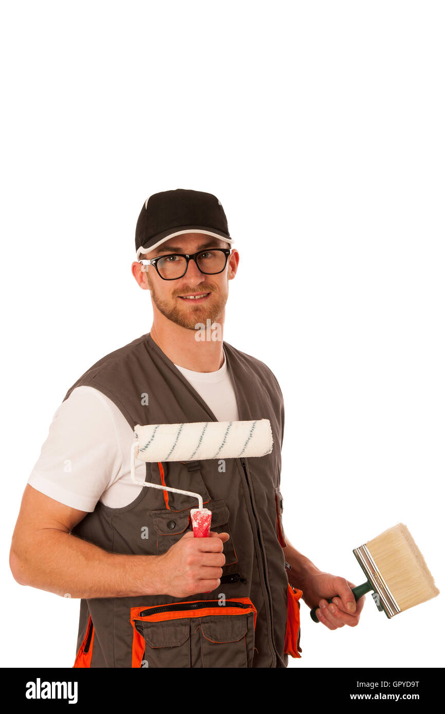 Handwerker in Arbeitskleidung mit bleichen Werkzeuge über weißen isoliert. Stockfoto