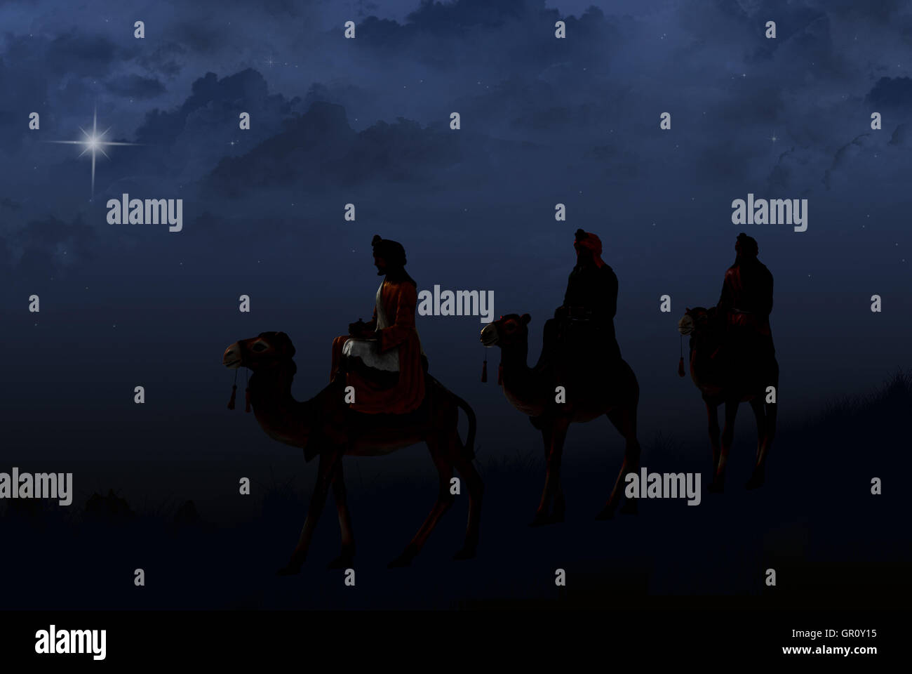 drei Könige nach ein heller Stern in der Nacht Stockfoto