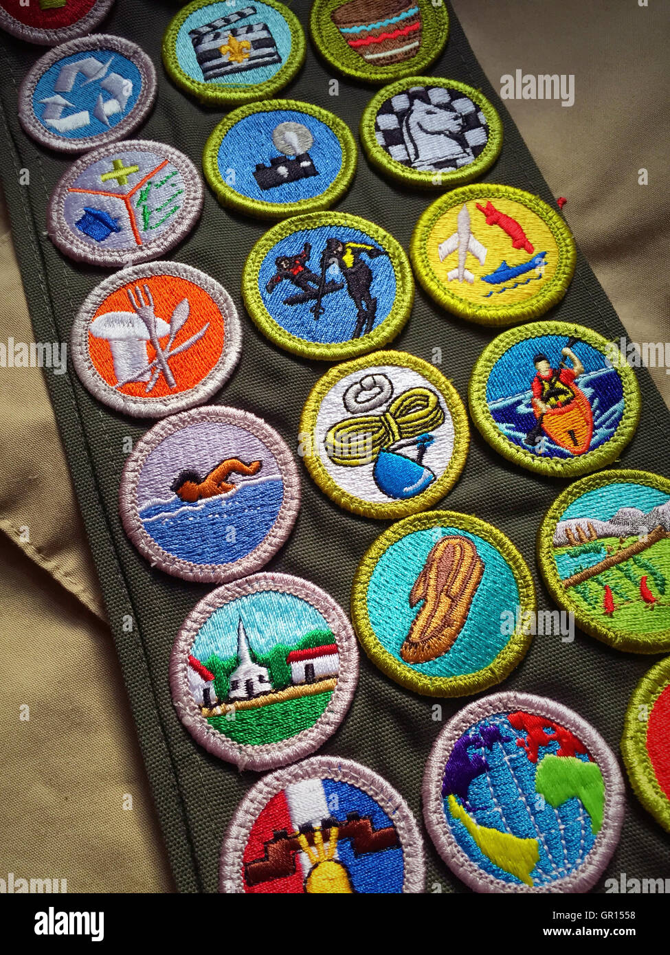 Merit Badge Schärpe, Pfadfinder von Amerika, USA Stockfoto