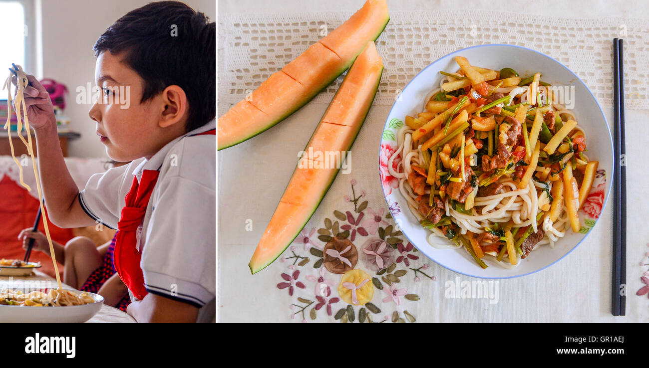 Urumqi. 2. Sep, 2016. Die Combo am 2. September 2016 zeigt Schüler der vierten Klasse Alkin mit Mittagessen zu Hause in Urumqi, Nordwesten Chinas Xinjiang Uygur Autonome Region. Das neue Semester hat begonnen, und mal sehen, was und wo müssen die Kinder zum Mittagessen. © Wang Fei/Xinhua/Alamy Live-Nachrichten Stockfoto