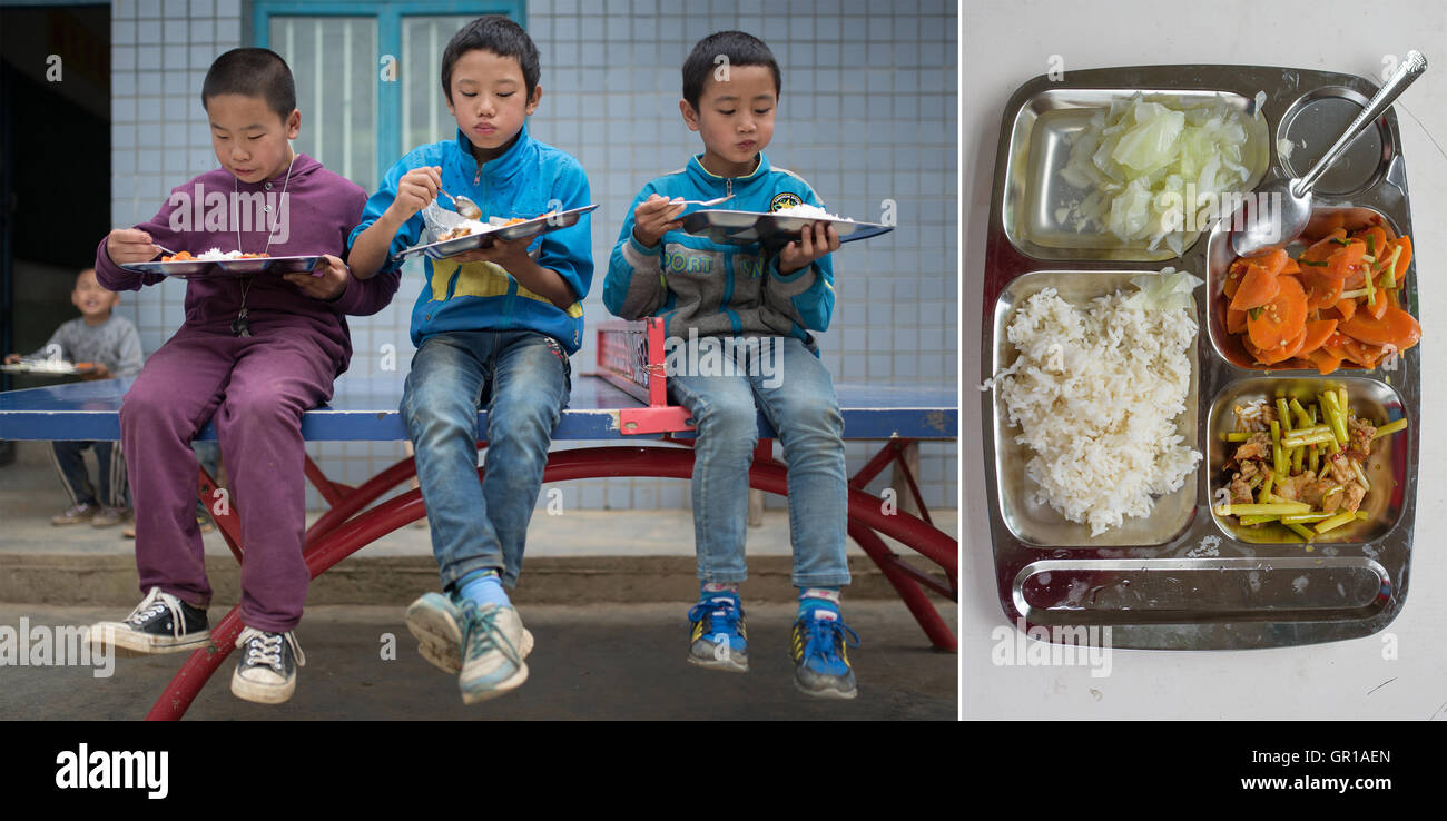 Bijie. 1. September 2016. Die Combo, aufgenommen am 1. September 2016 zeigt Schüler der vierten Klasse Jin Guangjie (C) zu Mittag mit seinen Mitschülern in der Schule in der Provinz Guizhou Huaxi Gemeinde Qianxi County, Südwesten China. Das neue Semester hat begonnen, und mal sehen, was und wo müssen die Kinder zum Mittagessen. © Liu Xu/Xinhua/Alamy Live-Nachrichten Stockfoto