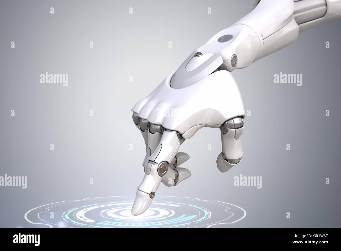 Roboter Hand drückt den Knopf. Clipping-Pfad enthalten Stockfoto