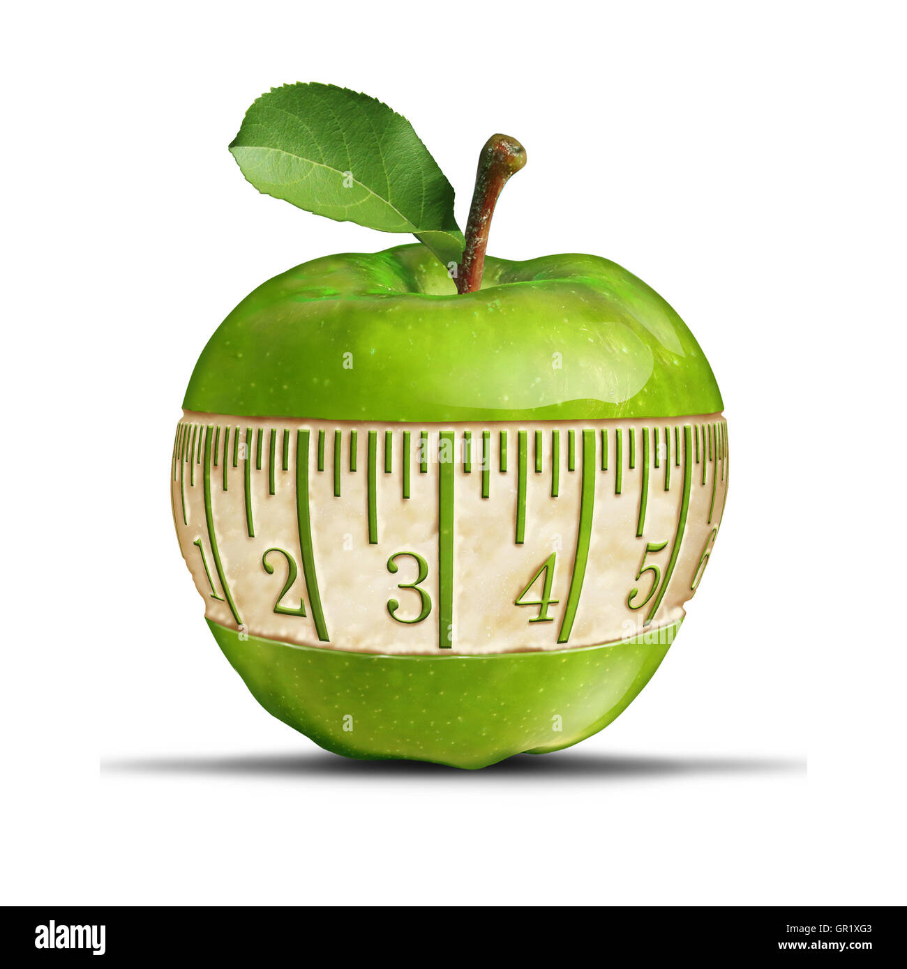 Fitness-grüner Apfel-Symbol als Mess Band Form geschnitzt aus der gesunden Frucht als Fitness und Ernährungskonzept für gesunde Ernährung, Diäten und abnehmen oder schlank mit 3D Abbildung Elemente bleiben. Stockfoto