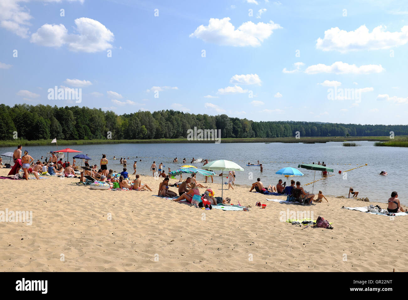 Menschen, die von Echo künstlichen See Teich in Zwierzyniec Polen Roztocze Nationalparks entspannen Stockfoto