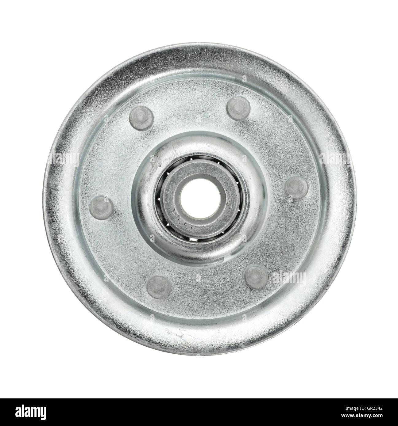 Eine neue Garage Tür Riemenscheibe mit Kugellagern auf einem weißen Hintergrund. Stockfoto