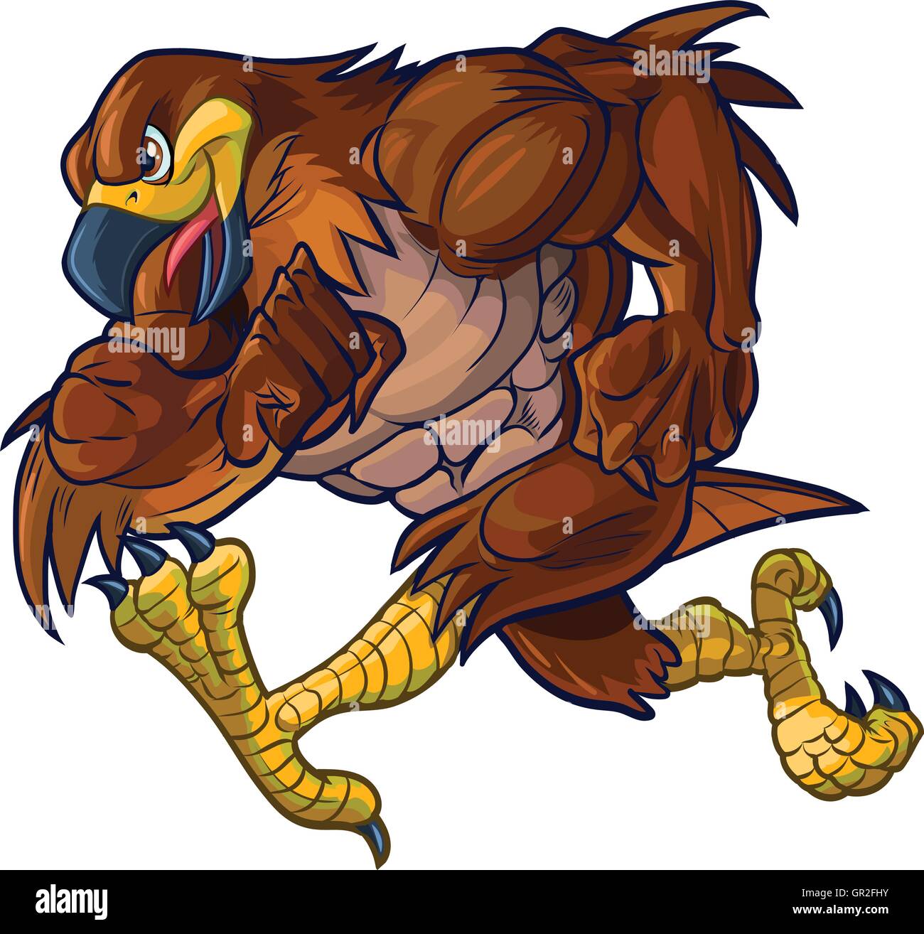 Vector Cartoon Clip Kunst Abbildung Seitenansicht eines harten muskulösen Habicht, Falke oder Adler Maskottchen ausgeführt. Stock Vektor
