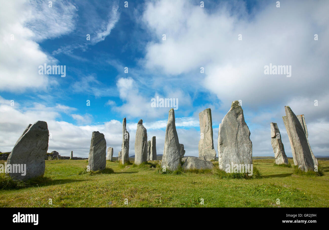 Prähistorische Stätte mit Menhiren in Schottland. Callanish. Lewis-Insel. Horizontale Stockfoto