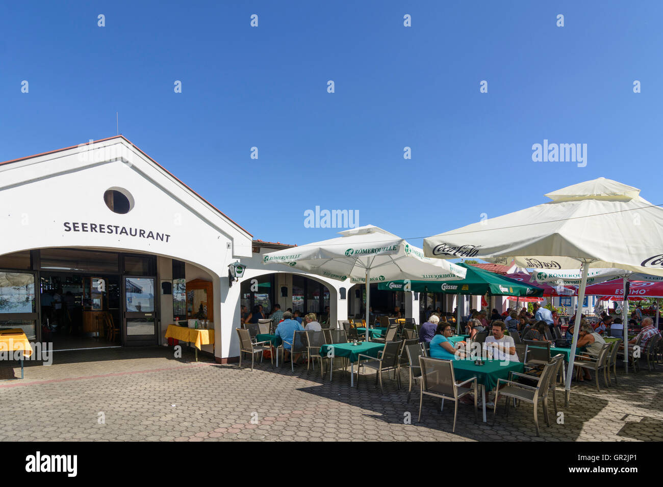 Weiden am See: Restaurant im öffentlichen Baden Strand Lido, Neusiedler See, Neusiedler See, Österreich, Burgenland, Stockfoto