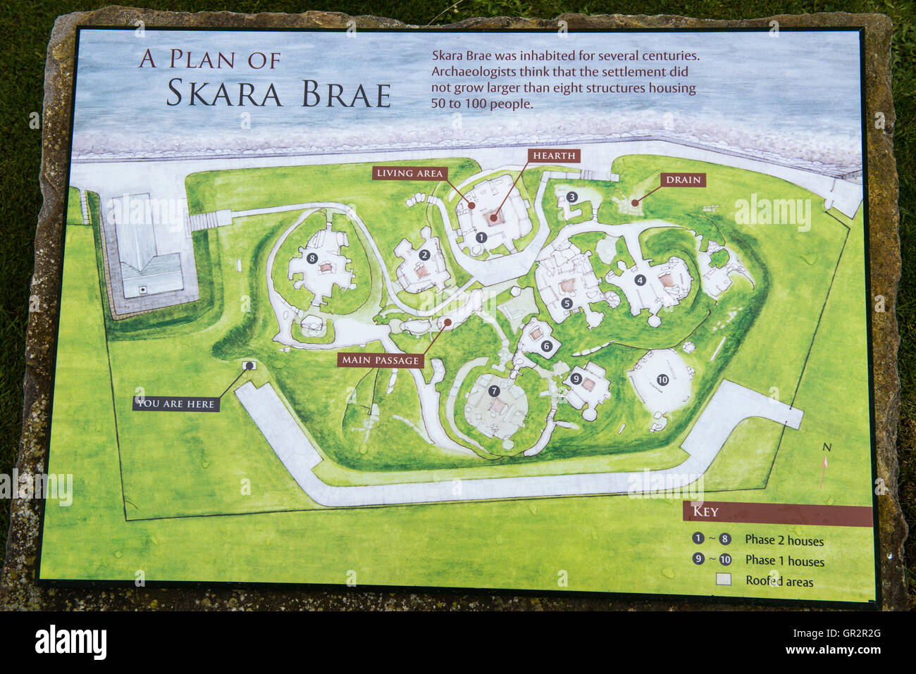 Karte von Skara Brae, ein Steinhaus neolithischen Dorf an der Westküste von den Orkney-Inseln in Schottland Stockfoto