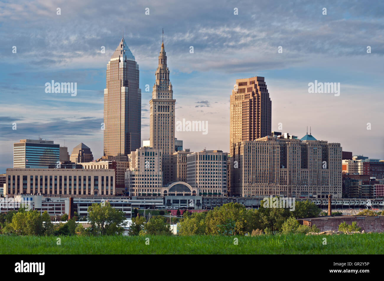 Cleveland. Bild von Cleveland downtown Skyline bei Sonnenuntergang. Stockfoto