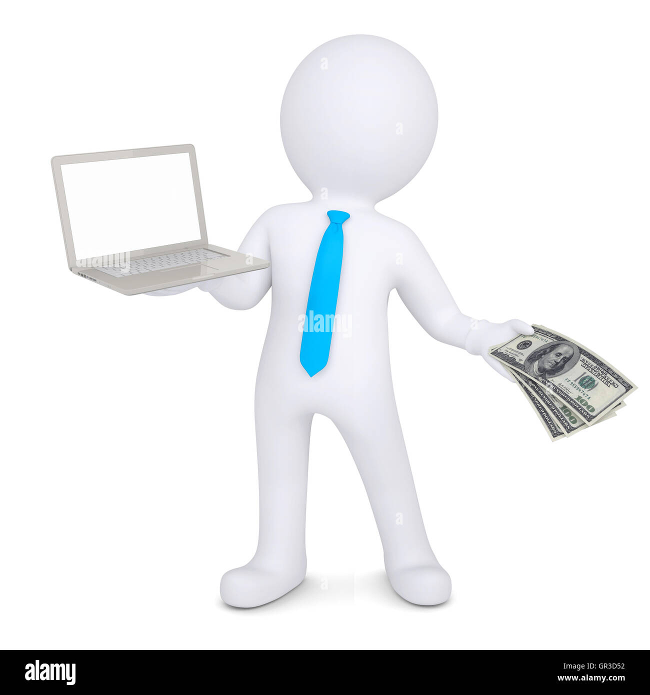 3D Mann ändert sich das Notebook für das Geld Stockfoto