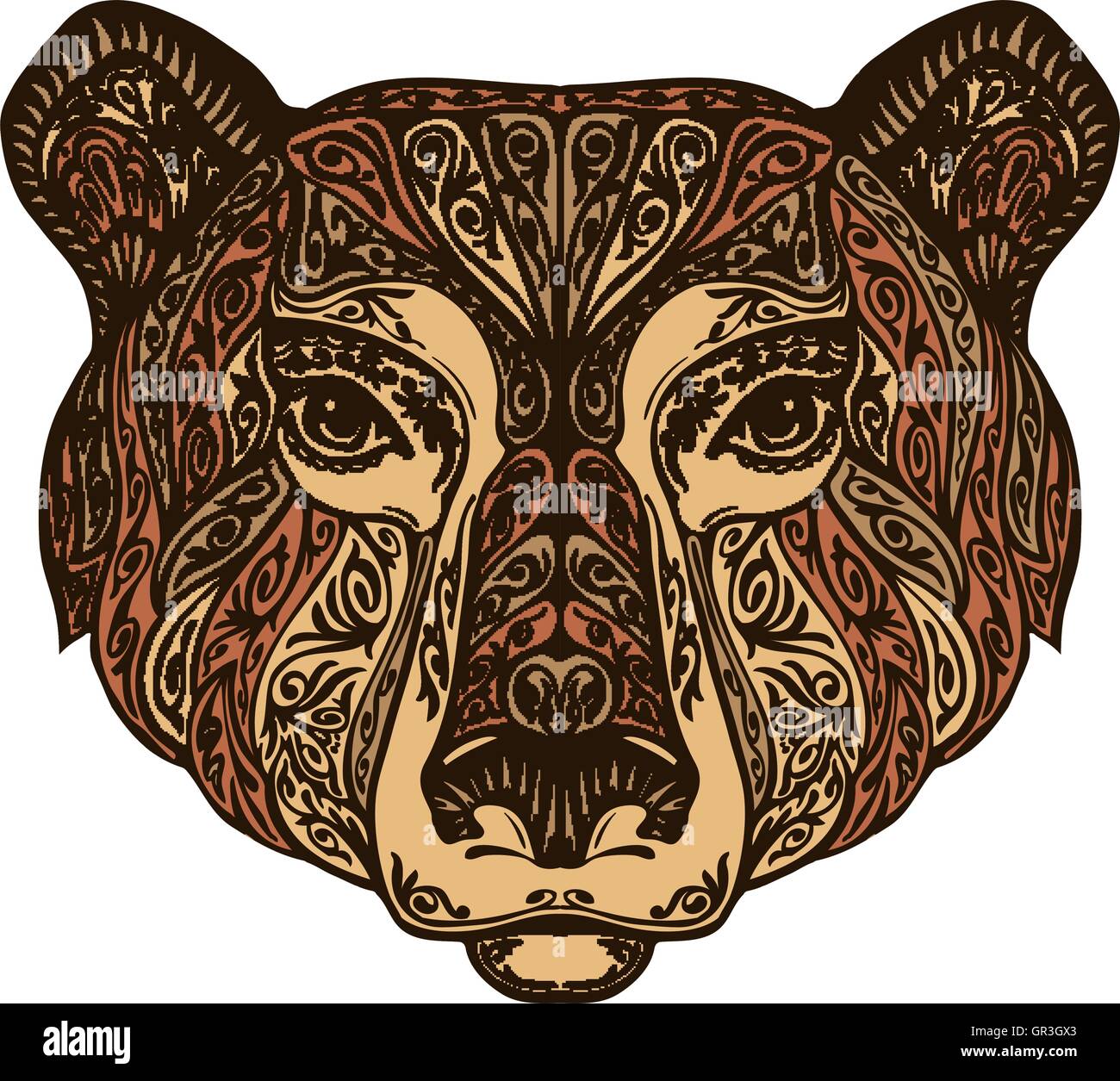Kopf tragen. Ethno-Mustern. Handgezeichnete Vektor-Illustration mit floralen Elementen. Grizzly, Tier-symbol Stock Vektor