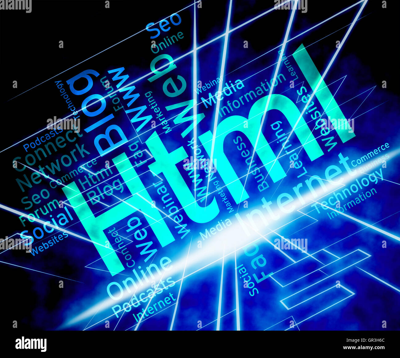 HTML-Code-Wort Bedeutung Hypertext Markup Language und Hypertext Markup Language Stockfoto