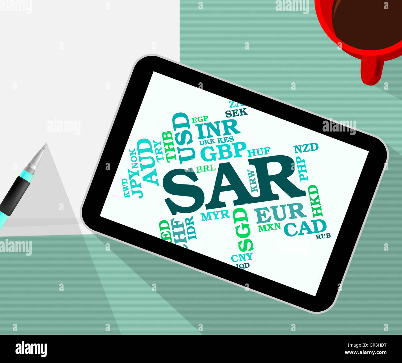 SAR-Währung darstellt, Saudi-Arabischer Riyal und Saudi-Arabischer Riyal Stockfoto