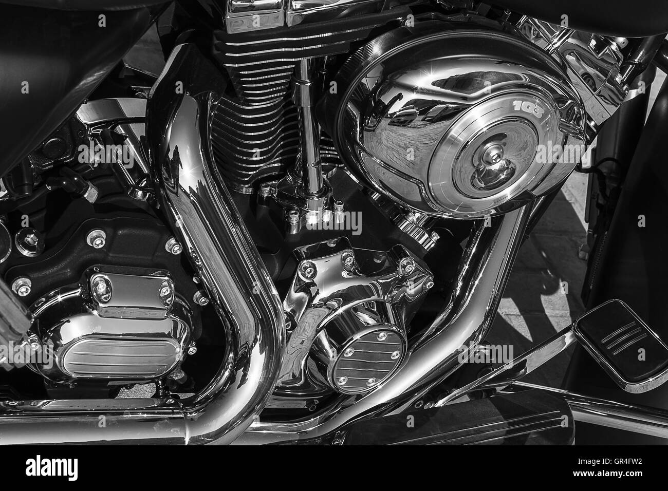 glänzendes Nickel plated Metall Mechanismus das Motorrad Stockfoto