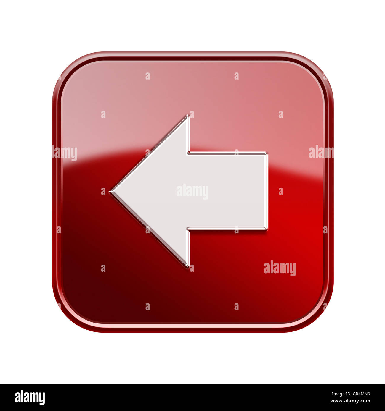 Pfeil links-Symbol glänzend rot, isoliert auf weißem Hintergrund Stockfoto