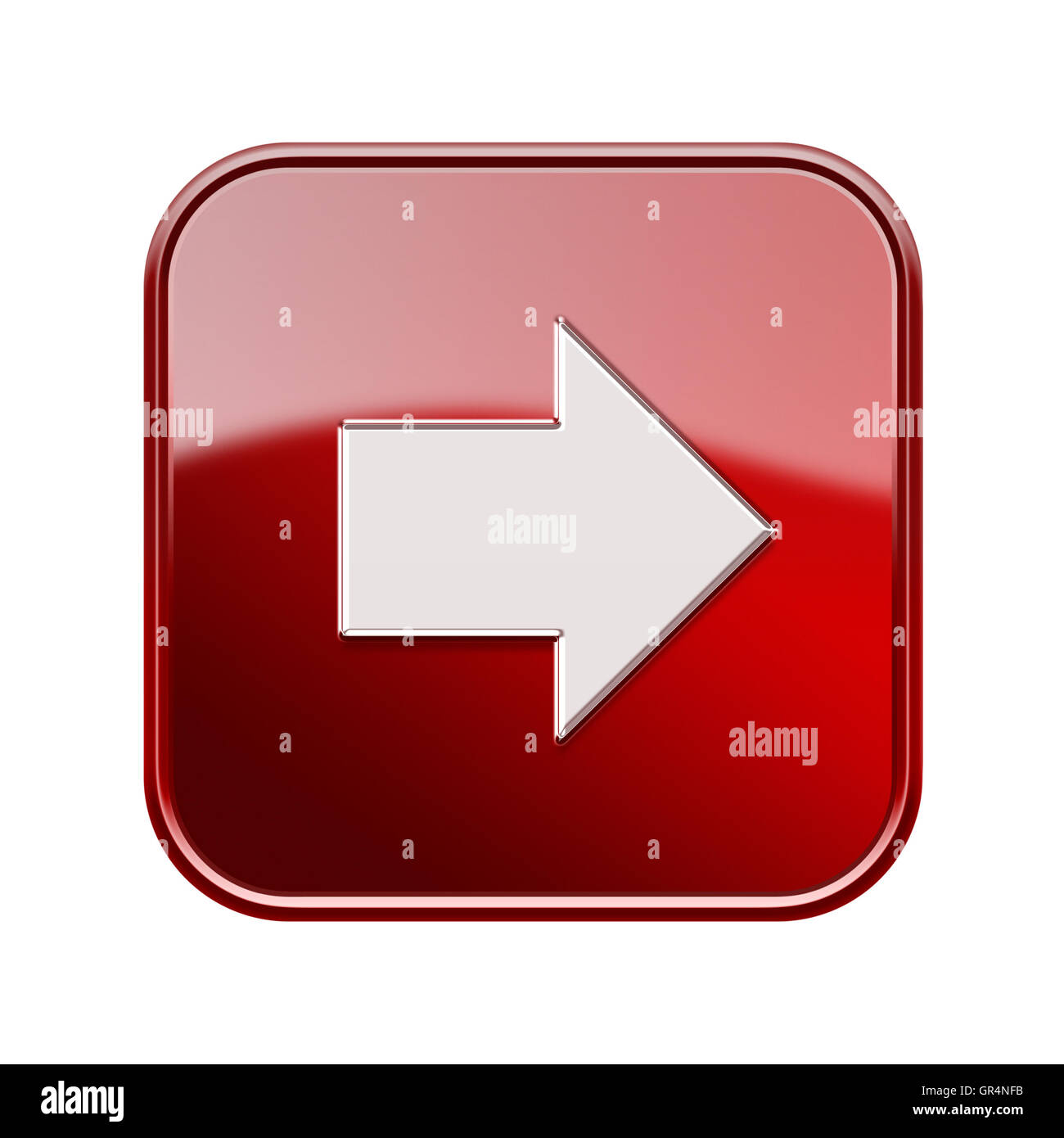 Pfeil-Symbol rechts glänzend rot, isoliert auf weißem Hintergrund Stockfoto