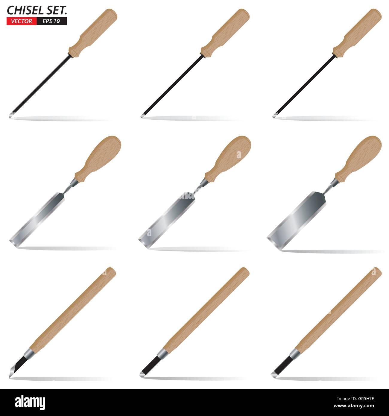 Meißel, Vektor, isoliert, weiß, Griff, Arbeit, Metall, Holz, Anlagen, Stahl, Werkzeug, Instrument, Zimmerei, Tischler, Satz, Farbe Stock Vektor