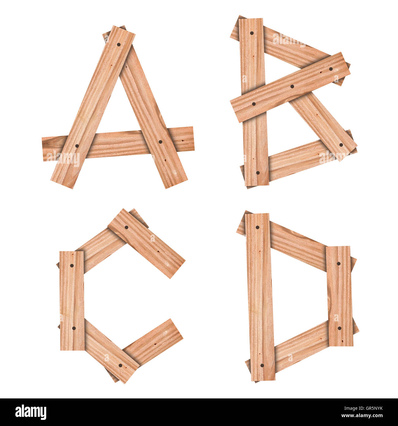 Alphabet Buchstaben A, B, C, D aus Holzplatte mit Beschneidungspfad Stockfoto