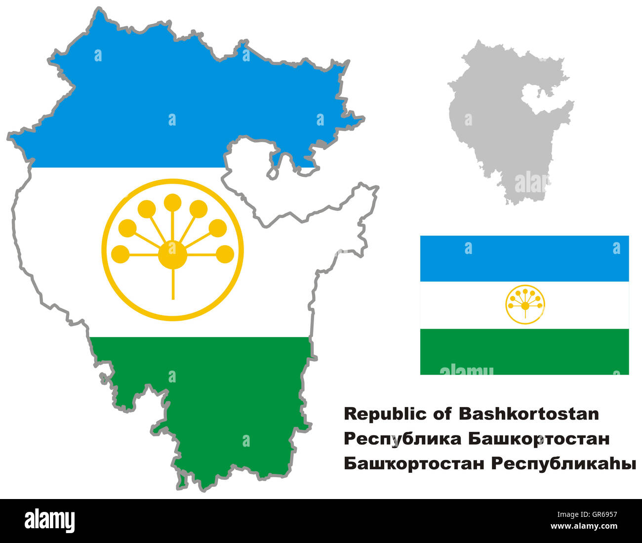 Der Umriß von Baschkortostan mit Flagge. Regionen der Russischen Föderation. Vektor-Illustration. Stockfoto