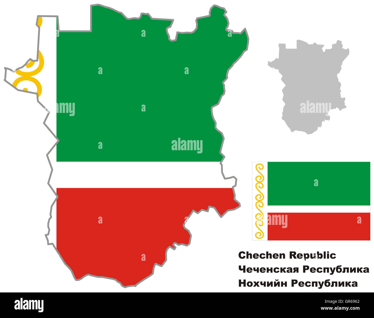 Der Umriß von Tschetschenien mit Flagge. Regionen der Russischen Föderation. Vektor-Illustration. Stockfoto