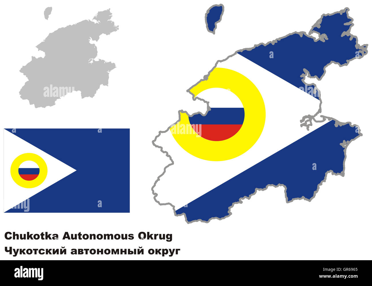 Der Umriß von Tschukotka mit Flagge. Regionen der Russischen Föderation. Vektor-Illustration. Stockfoto