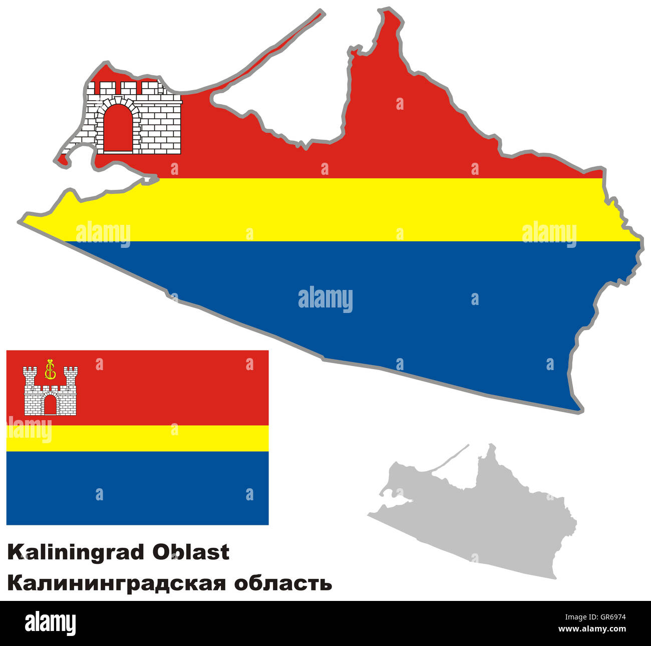 Der Umriß der Oblast Kaliningrad mit Flagge. Regionen der Russischen Föderation. Vektor-Illustration. Stockfoto