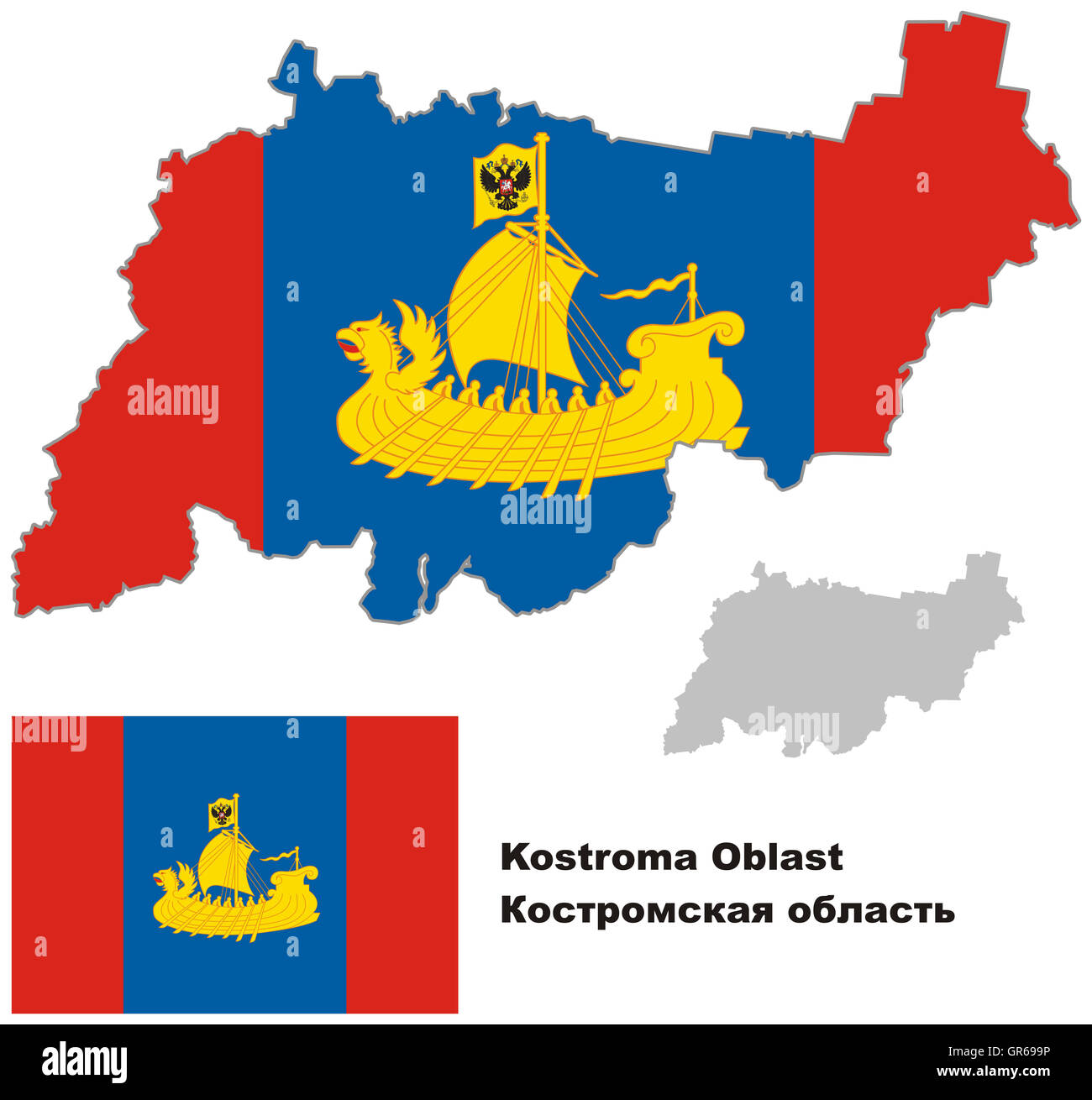 Der Umriß von Kostroma Oblast mit Flagge. Regionen der Russischen Föderation. Vektor-Illustration. Stockfoto