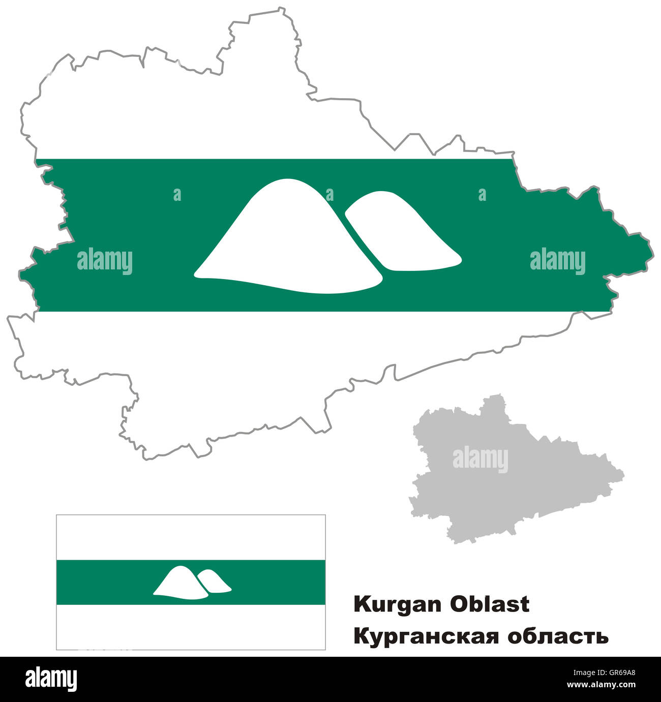 Der Umriß des Gebiet Kurgan mit Flagge. Regionen der Russischen Föderation. Vektor-Illustration. Stockfoto