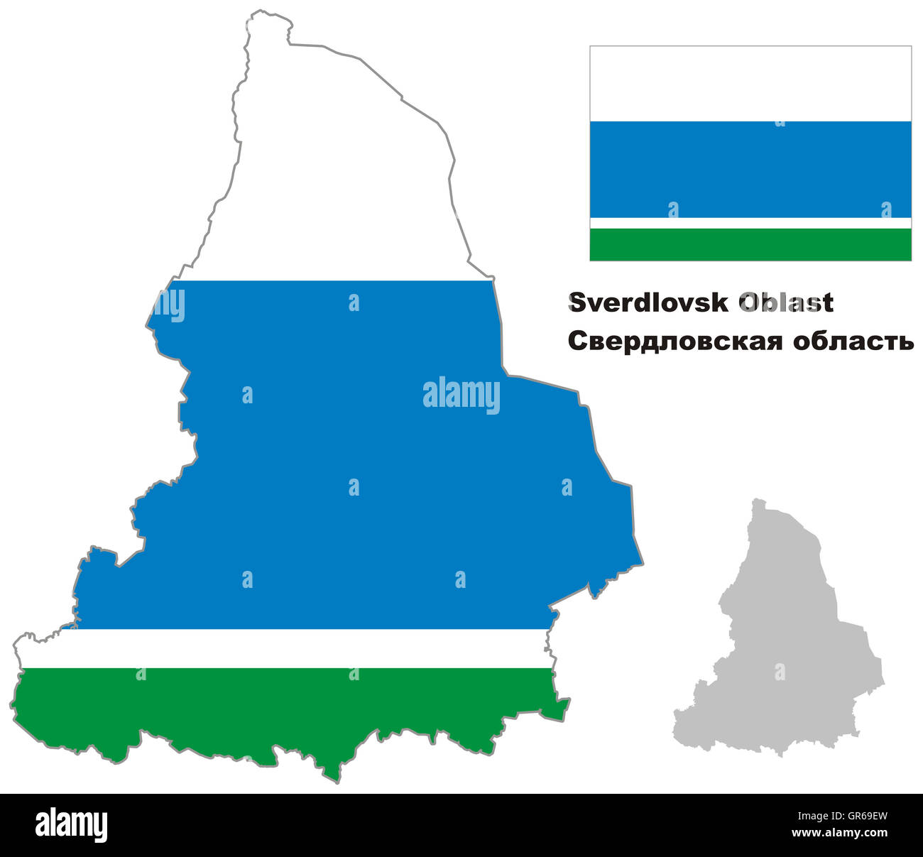 Der Umriß von Swerdlowsk mit Flagge. Regionen der Russischen Föderation. Vektor-Illustration. Stockfoto